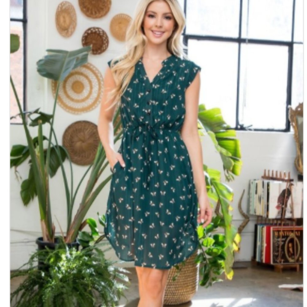 LA Soul dark olive bee print dress with pockets